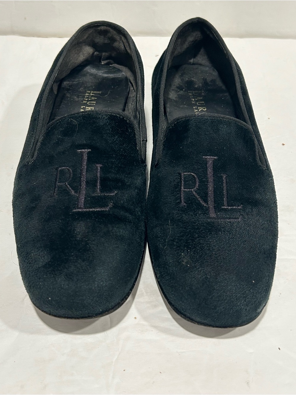 VTG Lauren Ralph Lauren Black Velvet Monogram Smoking Slippers Loafers, Sz 7.5AA